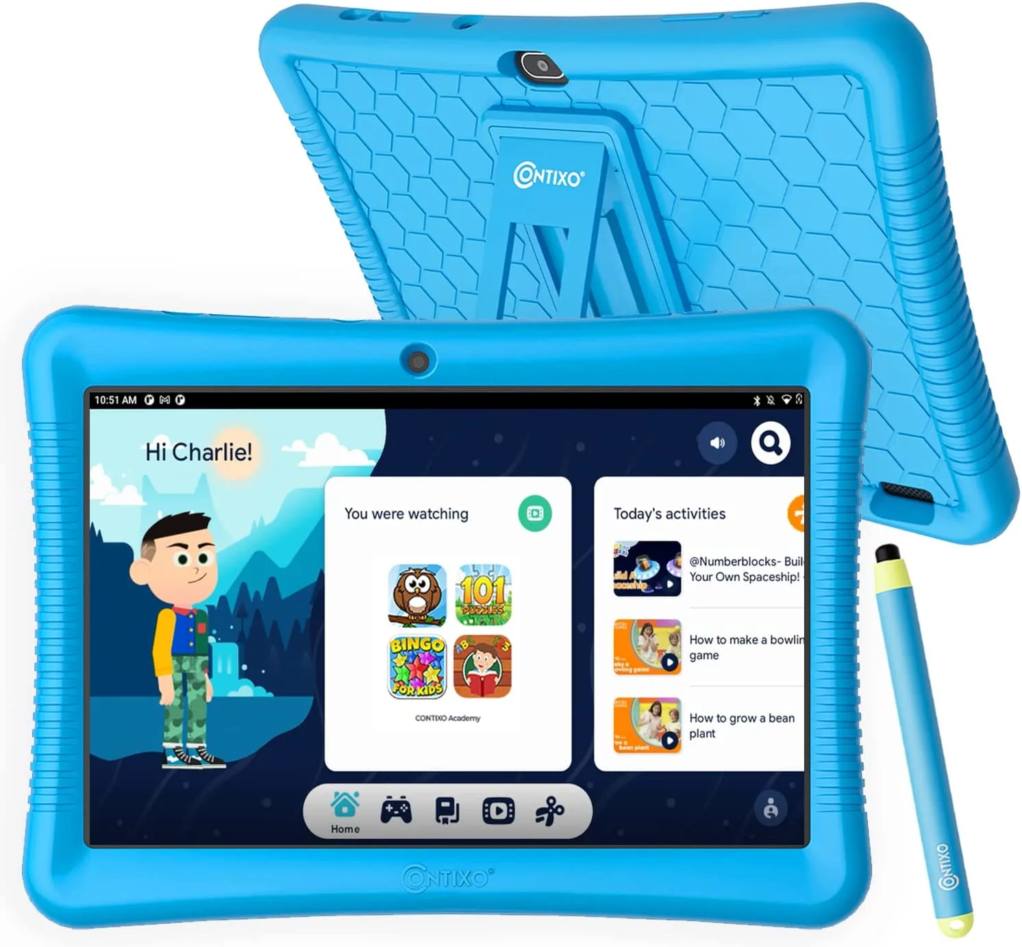 Contixo 10" Android Kids Tablet 64GB, Includes 80+ Disney Storybooks & Stickers, Kid-Proof Case with Kickstand & Stylus, (2024 Model) - Blue