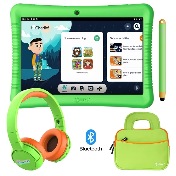Contixo K102 10 Inch Kids Learning Tablet Bundle with $150 Value Educator Approved Apps, Kids Wireless Headphone and a 10-inch Tablet Bag, with Kickstand and Stylus, Green-Set