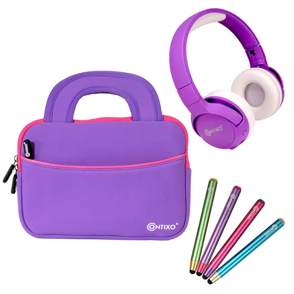 Contixo Kids Tablet Accessories Bundle - Kids Safe 85dB Bluetooth Headphone, 4 Colors Stylus Pens pack and 10-inch Tablet Bag-Purple Set