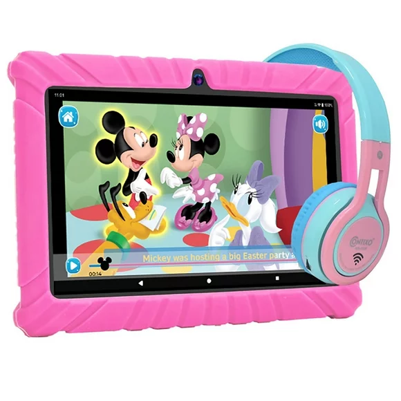 Contixo V8-2 7" Kids Tablet and Wireless Headphone Bundle, 32GB Storage, 80+ Disney eBooks, Kid-Proof Case Pink