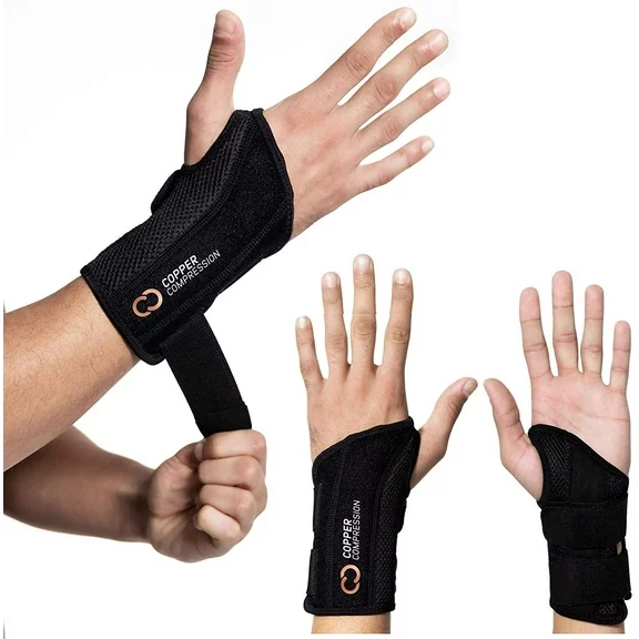 Copper Compression Wrist Brace - Adjustable Support Splint for Pain Relief, Carpal Tunnel Syndrome, Arthritis, Tendonitis, RSI, Sprain, Arthritis. For Men and Women - Left Hand L-XL