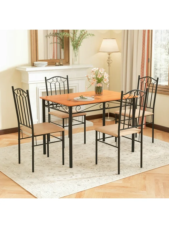 Costway 5 PC Dining Set Wood Metal 30" Table and 4 Chairs Black Kitchen Breakfast Furniture