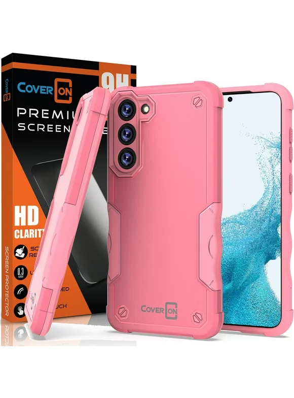 CoverON For Samsung Galaxy S23 Phone Case with Screen Protector Tempered Glass, Military Grade Heavy Duty Rugged Cover, Pink