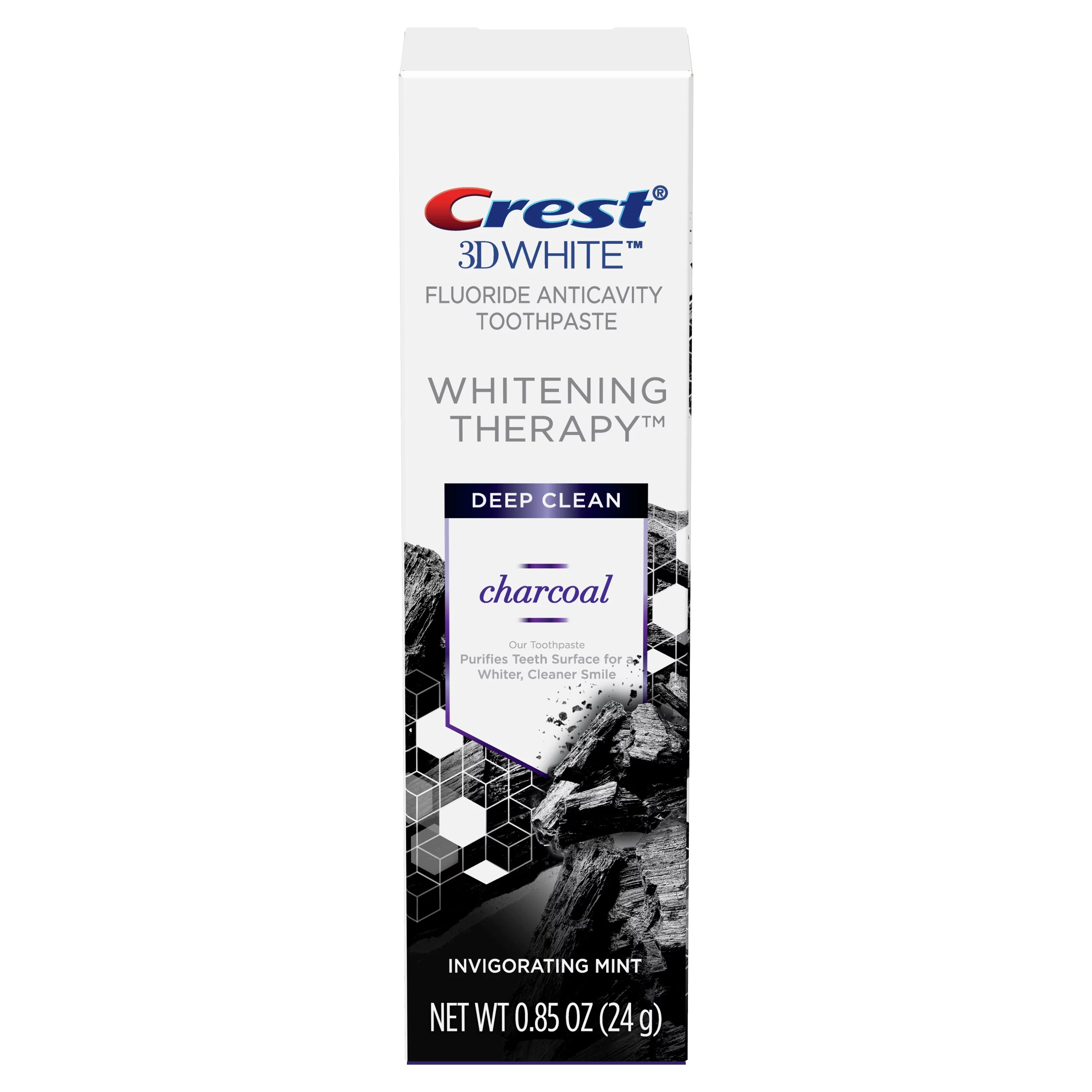 Crest 3D White Whitening Therapy Charcoal Deep Clean Fluoride Toothpaste, Invigorating Mint, .85 oz