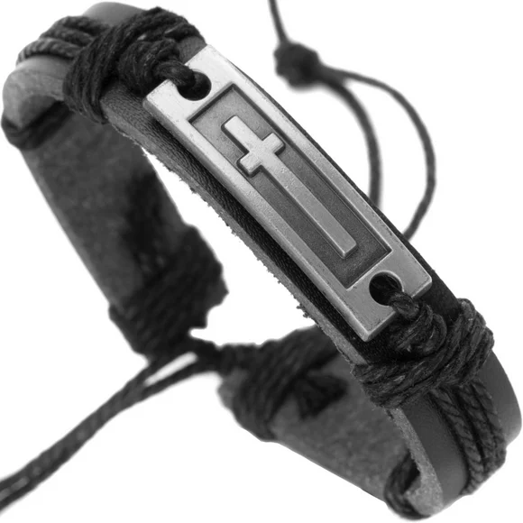 Cross Leather Bracelet for Men: Confirmation Gifts for Teenage Boy (Black Leather)