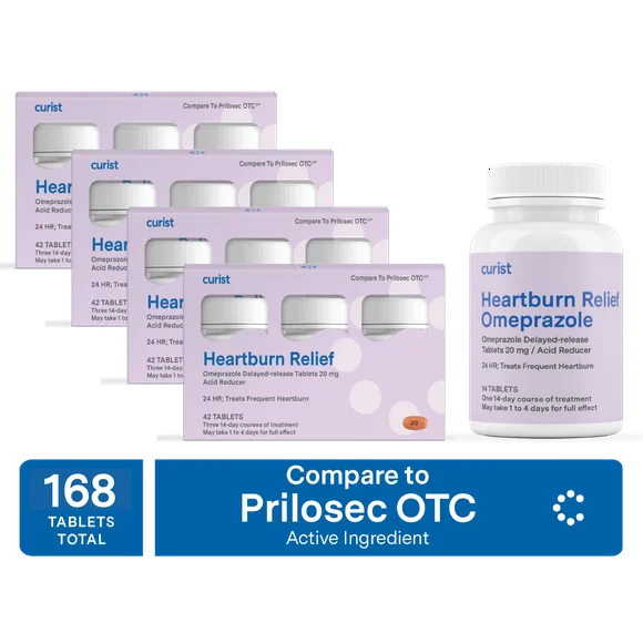 Curist Heartburn Relief Omeprazole 20 mg 168 Tablets Delayed-Release Acid Reflux Medicine