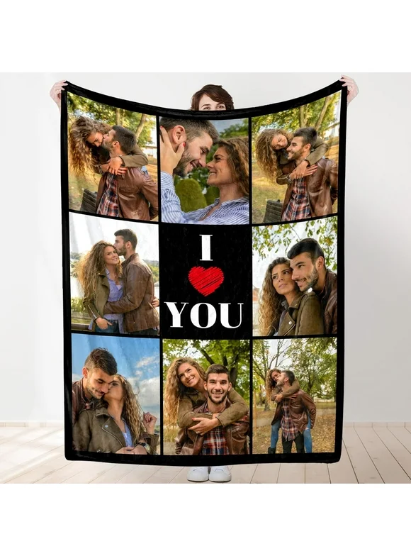 Custom Photo Blanket Personalized Gifts with Photo Text, Made in USA, Customized Blankets with Own Pictures Present for Dad Mom Couple Friend for Christmas Birthday Surprise-5 Sizes