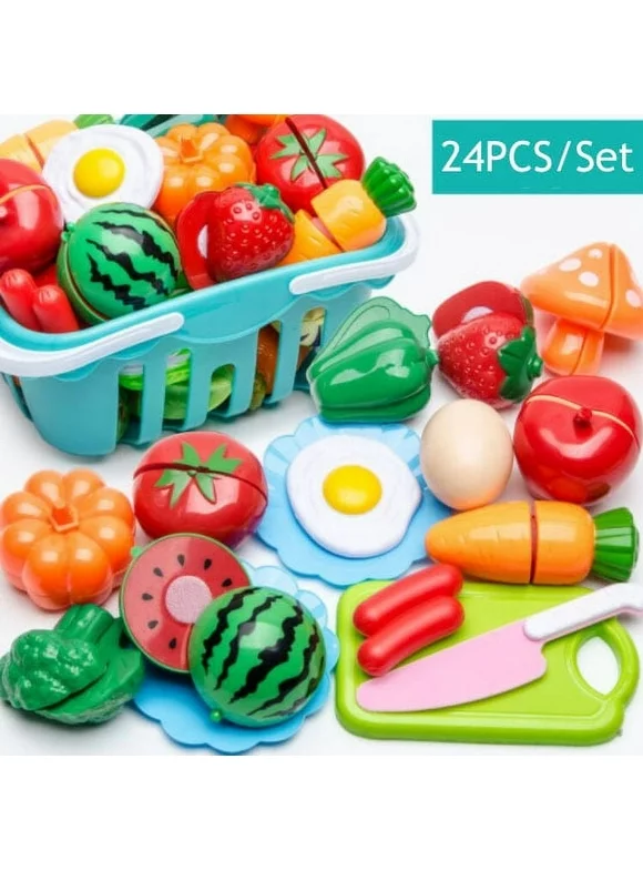 Cutting Cooking Food Playset - 24PCS Kitchen Play Pretend Toy Set Educational Toy Fruits Vegetables For children Learning Gift for 2, 3, 4 Year Old Kids, Toddlers, Boys & Girls