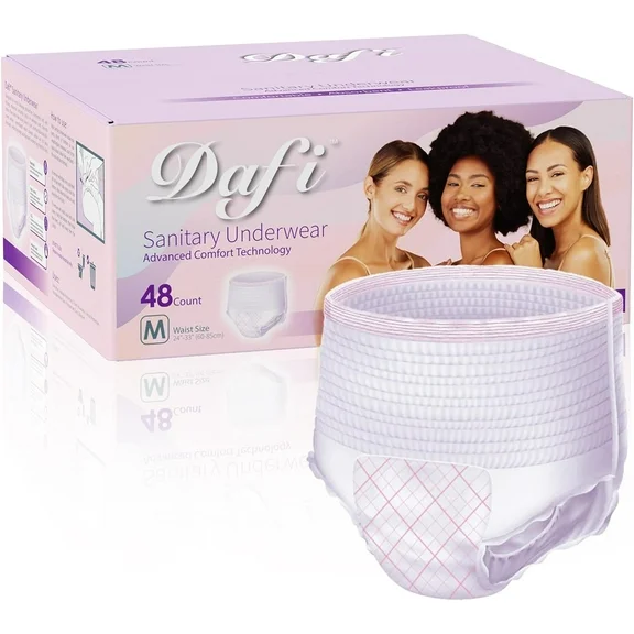 DAFI Menstrual Period & Postpartum Incontinence Underwear for Women, 48 Count/Medium Overnight Disposable Briefs, Teen Leak-Proof Panty Style Pad