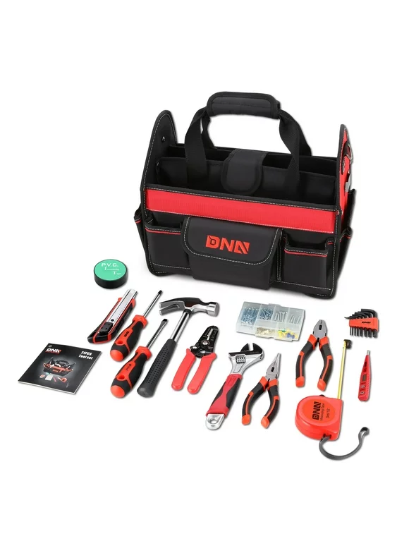 DNA Motoring TOOLS-00207 Red 21 PCs Portable Tool Kit Household General Repair Combination Pliers Adjustable Wrench Set Hand Tool Canvas Bag