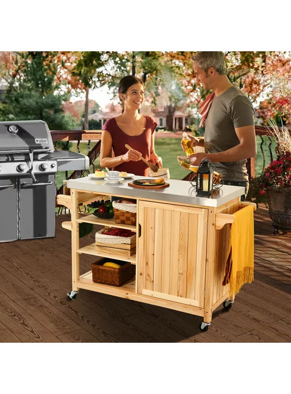 DWVO Outdoor Table and Storage Cabinet Solid Wood Movable Grill Table with Stainless Steel Top for Outside Patio Kitchen Island or Bar Cart