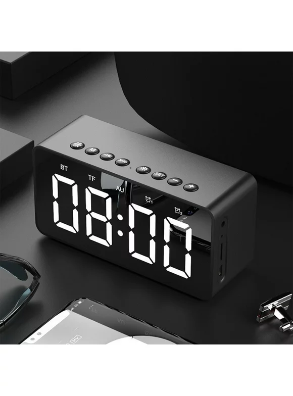 Daiosportswear Clearance Led Mirror Clock with Screen 5.0 Wireless Bluetooth Audio Dual Alarm Clock Three-Level Brightness Call Card,Built-In Lithium Battery Black