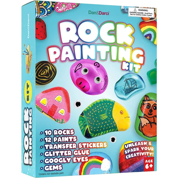 Dan&Darci Rock Painting Kit for Kids - Arts and Crafts Set for Painting and Decorating  - Water-Resistant Paints and Transfers Included - Perfect Gift for Boys and Girls Ages 6-12
