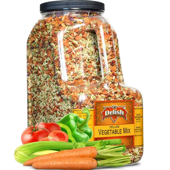 Deluxe Dried Vegetable Soup Mix by Its Delish, 4 LB Restaurant Gallon Size Jug With handle  Premium Blend of Dehydrated Vegetables  Cooking, Camping, Emergency Food Supply - No MSG, Vegan, Kosher