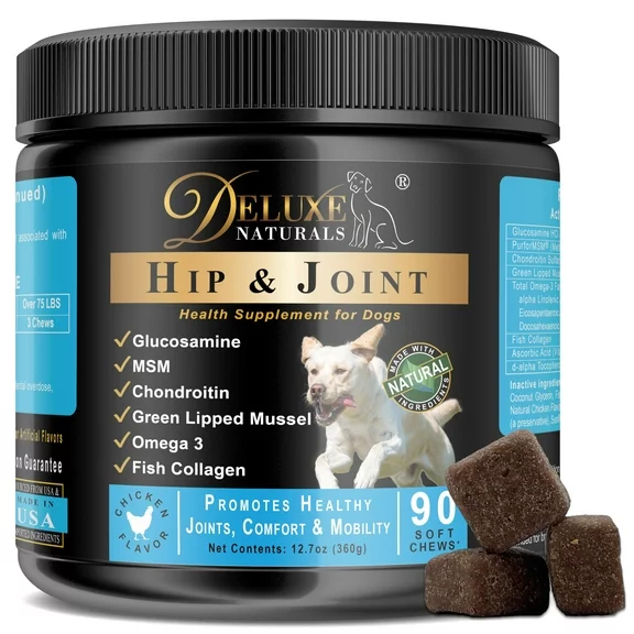 Deluxe Naturals Hip and Joint Soft Chews for Dogs with Glucosamine, MSM, Chondroitin, Omega-3, Collagen, Lipped Mussel | Improve Pet Mobility, Pain Relief - 90 Count (Pack of 1 x 90ct)