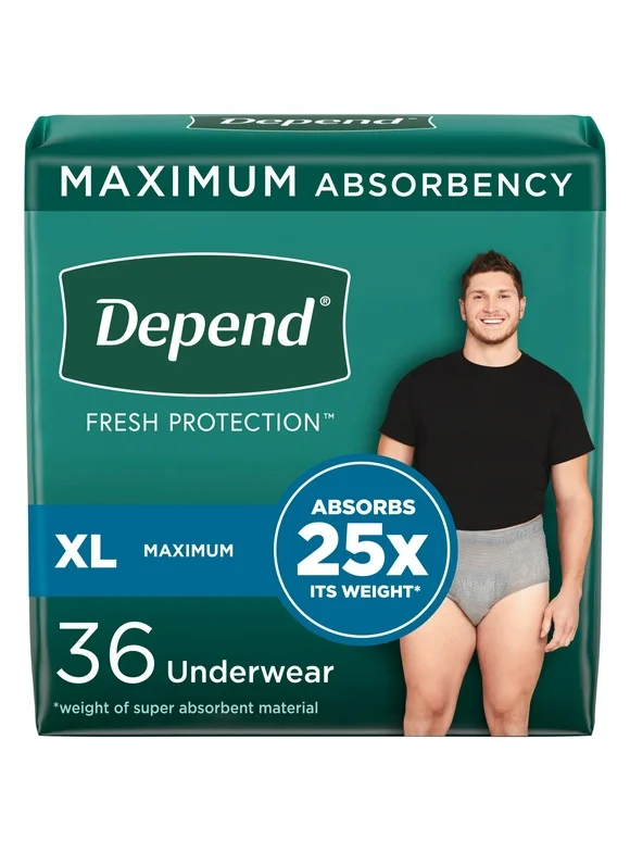 Depend Fresh Protection Adult Incontinence Underwear for Men, Maximum, XL, Grey, 36 Count