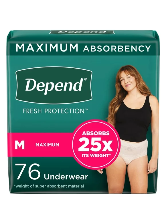 Depend Fresh Protection Adult Incontinence Underwear for Women, Maximum, M, Blush, 76Ct