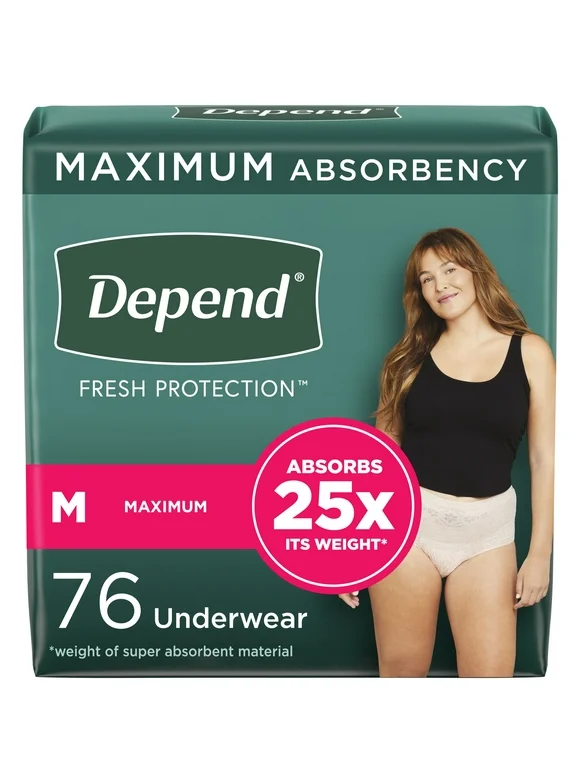 Depend Fresh Protection Women's Incontinence & Postpartum Bladder Leak Underwear, M, 76 Count