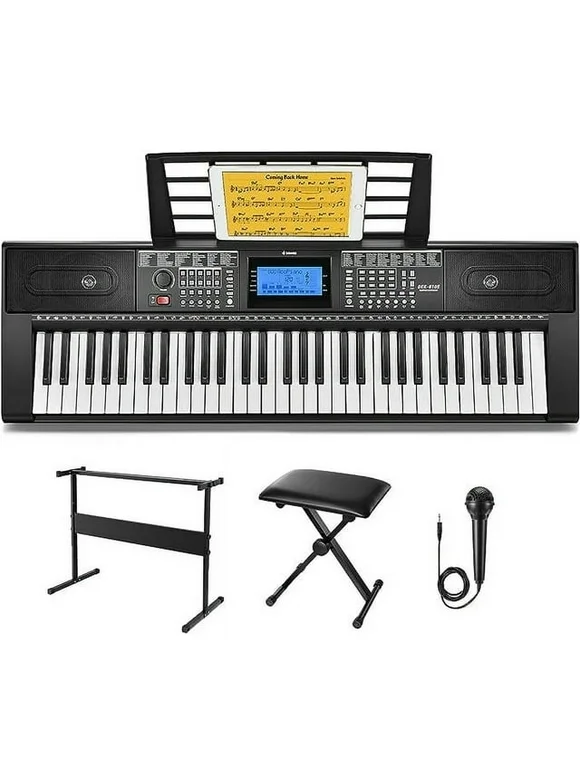 Donner Upgraded 61 Key Piano Keyboard, Electric Keyboard Kit with 249 Voices, 249 Rhythms - Includes Piano Stand, Stool, Microphone, Gift for Beginners, Black (DEK-610S)