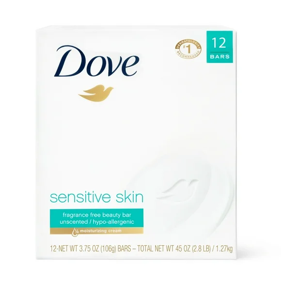 Dove Sensitive Skin Hypoallergenic Beauty Bar Soap, Fragrance Free, 3.75 oz (12 Bars)
