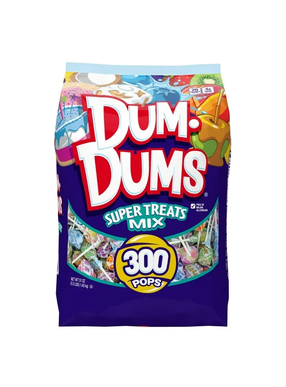 Dum Dums Super Treats Flavor Mix Lollipops & Suckers, Party Candy Hard Candy, 300 count 51 oz Bag