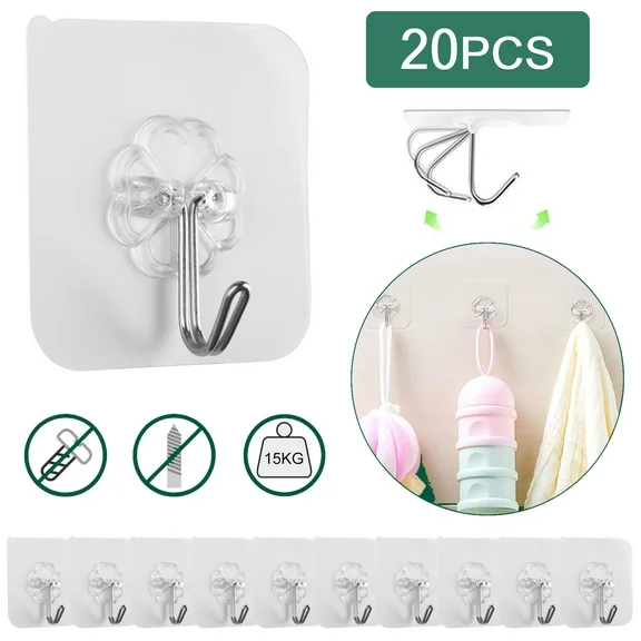 EEEkit 20Pcs Self Adhesive Hooks, Heavy Duty 33lbs Transparent Seamless Wall Hangers for Bathroom Shower Kitchen