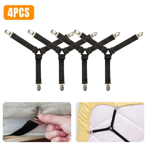 EEEkit 4Pcs Bed Sheet Straps, Triangle Non-Slip Mattress Cover Clips Fastener, Adjustable Suspender Grippers (Black)