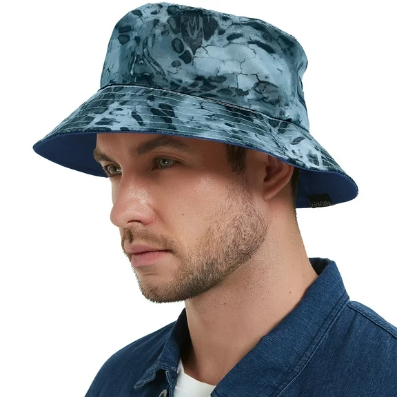 EINSKEY Camo Bucket Hat for Men Women, Reversible Cotton Sun Hat for Outdoor Beach Travel Golf Safari Fishing Hunting Hiking Blue