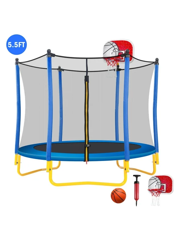 EUROCO 600LBS 5.5FT Trampoline for Kids - 65" Outdoor & Indoor Mini Toddler Trampoline with Enclosure, Basketball Hoop and Ball Included,Recreational Trampoline for Toddler Age 1-6