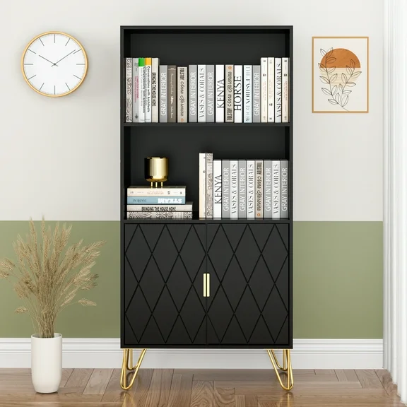 Eclife Modern Bookcases with Doors 50 inch Tall Library for Home Office Assembly, Black