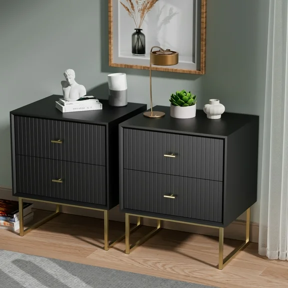 Eclife Set of 2 Black Modern Nightstand Bedside Table Wood with Metal Handle Legs 2 Drawers for Home Bedroom Living Room