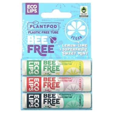 Eco Lips Bee Free Vegan Plant Pod Lip Balm, Variety 3 Pack