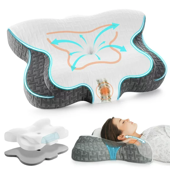 Elviros Cervical Memory Foam Pillow,Adjustable Height Contour Neck Support Pillow,Queen-White,Adult