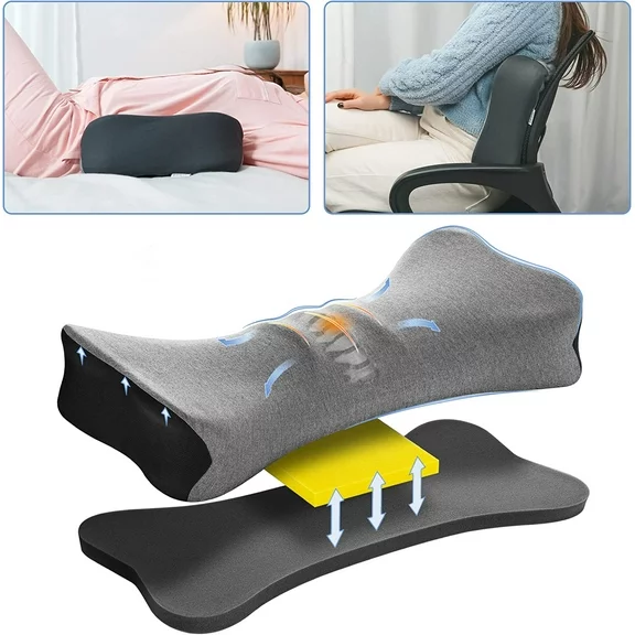 Elviros Ergonomic Memory Foam Lumbar Support Pillow for Bed, Adjustable Height Back Pillow, Grey