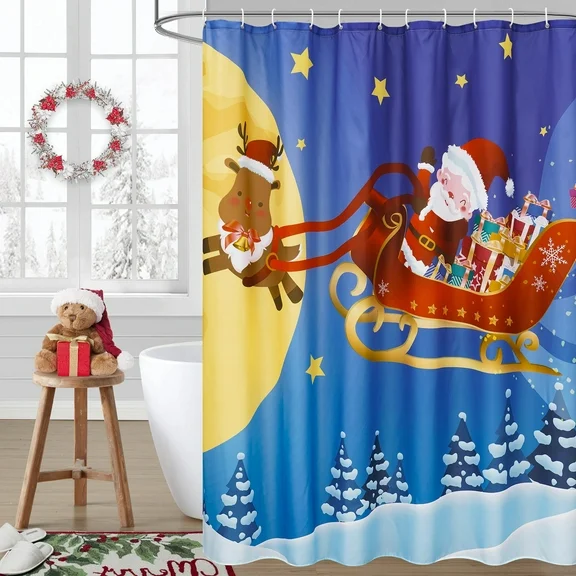 EurCross Christmas Festival Fabric Shower Curtain, 72"x 72" Cloth Shower Curtain with Cute Sled and Santa Pattern, Blue