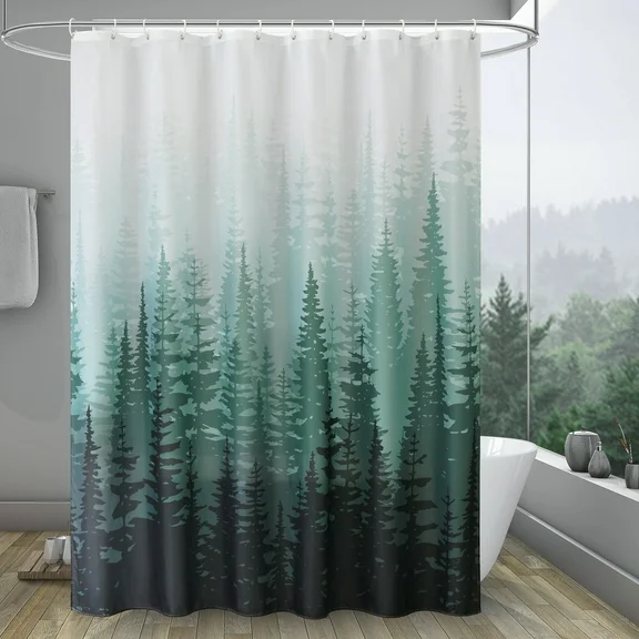 EurCross Green Forest Fabric Shower Curtain for Spring, 72 x 72 inch Nature Tree Mountain Woodland Decorative Cloth Bathroom Shower Curtain with Hooks, Water Resistant
