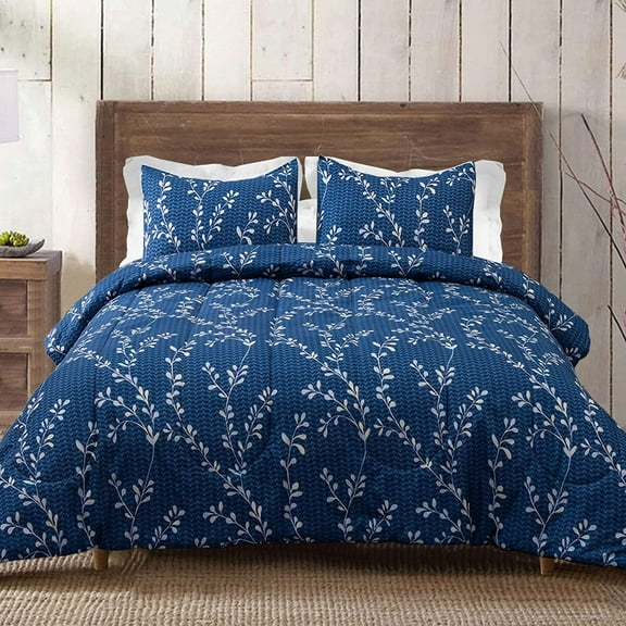 Exclusivo Mezcla 3-Piece Floral Queen Comforter Set, Microfiber Bedding Down Alternative Comforter for All Seasons with 2 Pillow Shams, Navy