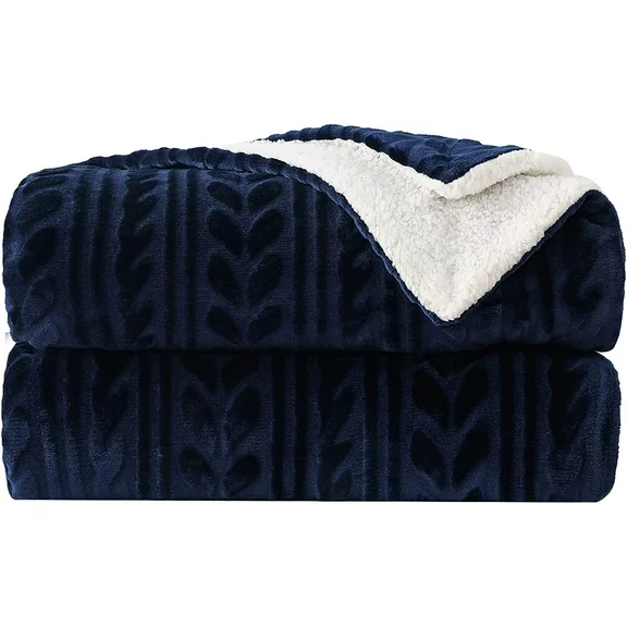 Exclusivo Mezcla 50"x70" Sherpa Fleece Throw Blanket, Reversible Velvet Plush Blankets and Soft Throws for Couch, Sofa, Bed, Super Cozy Thick and Warm, Navy Blue