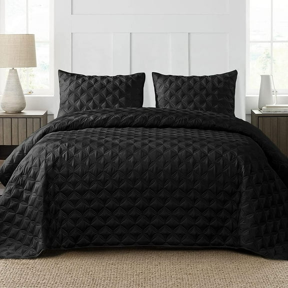 Exclusivo Mezcla Bed Quilt Set King Size for All Season, Stitched Pattern Quilted Bedspread/ Bedding Set/ Coverlet with 2 Pillow shams, Lightweight and Soft, Black