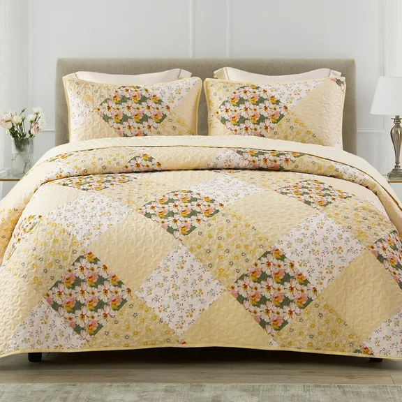 Exclusivo Mezcla Boho Bohemian Quilt Set King Size, Lightweight Patchwork Quilted Bedspread/Coverlet/Bed cover/Bedding set with colorful print pattern (Yellow, 96x104)