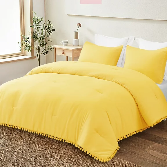 Exclusivo Mezcla Boho Pom Pom Ball Fringe Twin Comforter Set, 2 Piece Vibrant Yellow Lightweight Down Alternative Bedding Comforter Sets for All Seasons (1 Comforter and 1 Pillowcase)