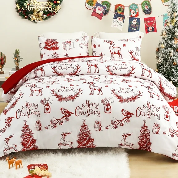 Exclusivo Mezcla Christmas Comforter Set Twin Size, Reversible White and Rust Red Down Alternative Comforter Sets, Printed with Christmas Reindeer Wreaths Pattern, for Holiday Decoration and Gifts