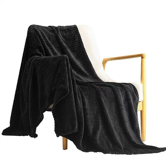 Exclusivo Mezcla Large Flannel Fleece Throw Blanket, Jacquard Weave Wave Pattern (50" x 70", Black) - Soft, Warm, Lightweight and Decorative