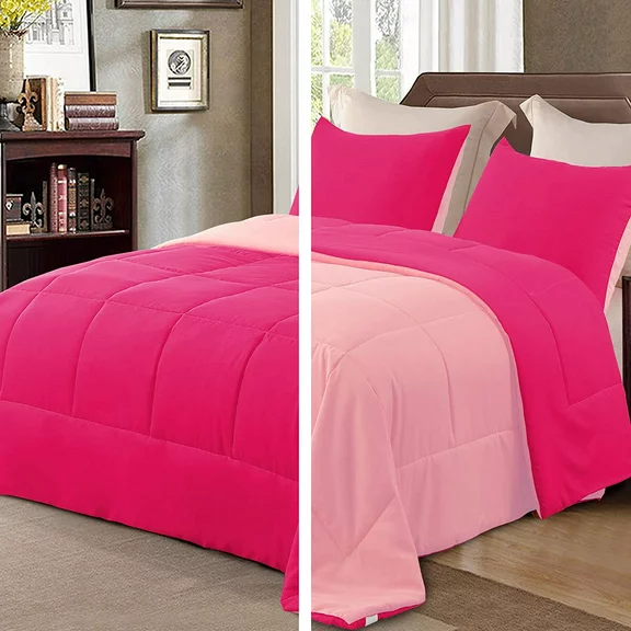Exclusivo Mezcla Lightweight Reversible 3-Piece Comforter Set All Seasons, Down Alternative Comforter with 2 Pillow Shams, King Size, Hot Pink/ Blush Pink