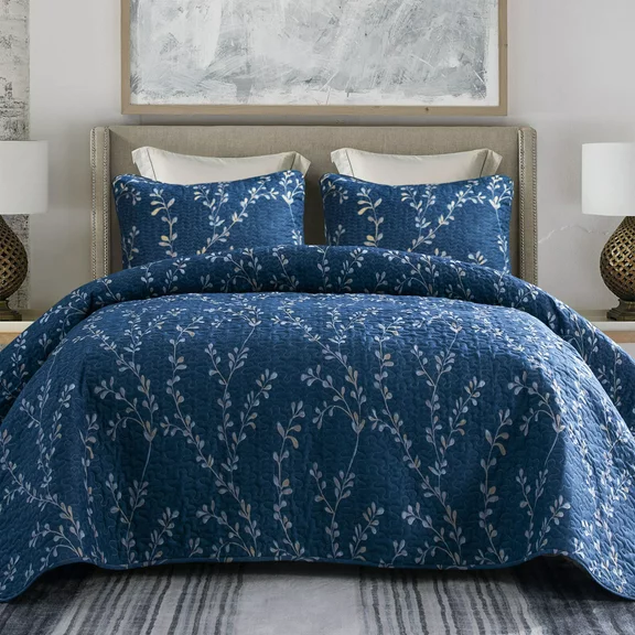 Exclusivo Mezcla Microfiber Twin Size Quilt Set, 2 Piece Lightweight Bedspreads/ Coverlet/ Bedding Set with 1 Pillow Sham, Gradient Floral Pattern, (68"x 88", Navy)