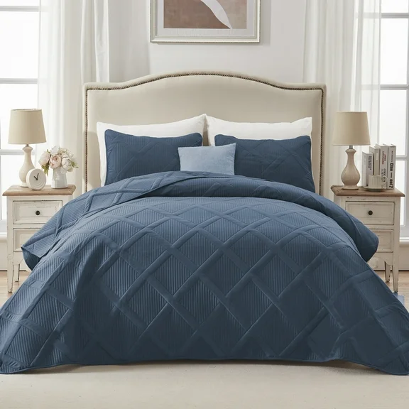 Exclusivo Mezcla Ultrasonic Twin Quilt Set, 2-Piece Lightweight Bedspreads Modern Striped Coverlet, Navy Blue