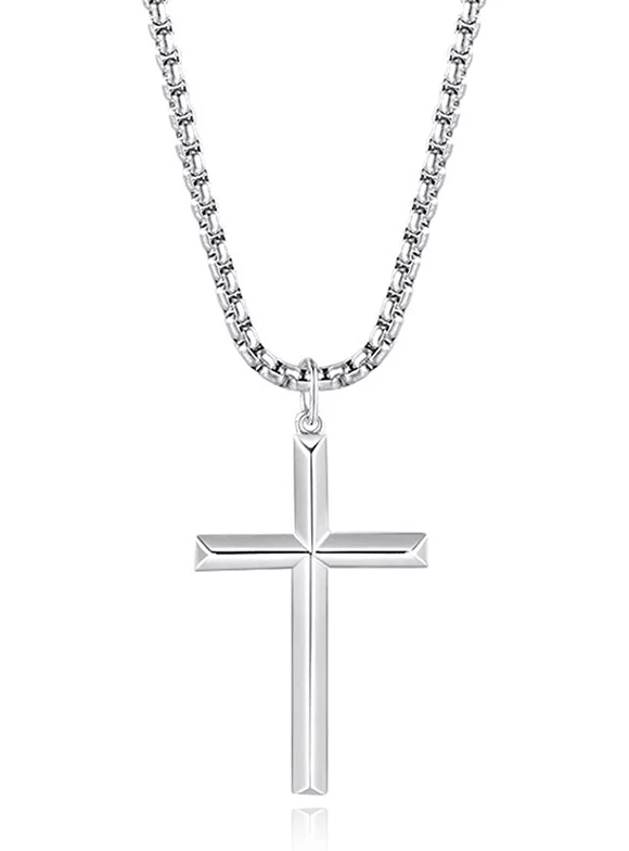 FANCIME White Gold Plated 925 Solid Sterling Silver High Polished Big Large Beveled Edge Mens Crucifix Cross Pendant Long Necklace Fine Jewelry For Men Boys, Stainless Steel Box Chain Length 24 Inch