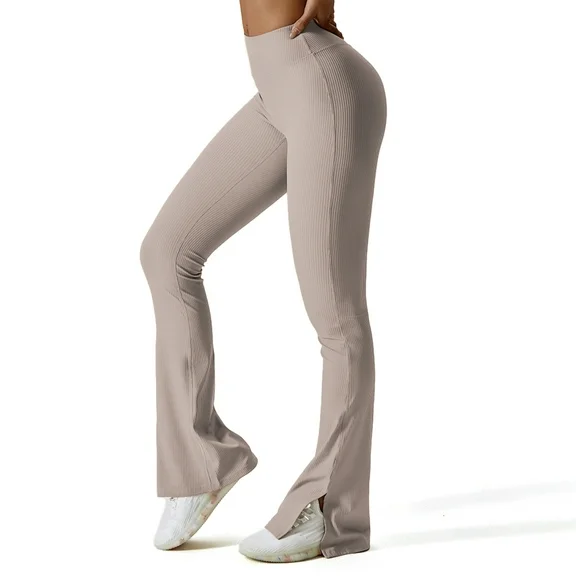 FITOP Womens Ribbed Flared Leggings Slit Hem High Waist Bootcut Yoga Pants Workout Bootleg Pants
