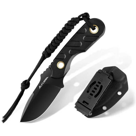 FLISSA Fixed Blade Knife, 7 Inch Full Tang Hunting Knife with Kydex Sheath and Emergency Rope, for Camping, Hiking(Black)