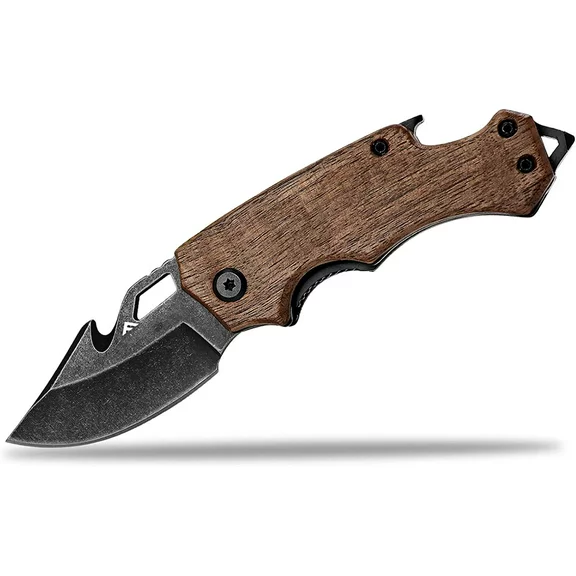 FLISSA Mini Folding Pocket Knife, 2.5-inch Stainless Steel Drop Point Blade, EDC Pocket Knives for Men with Bottle Opener and Glass Breaker (Wood)